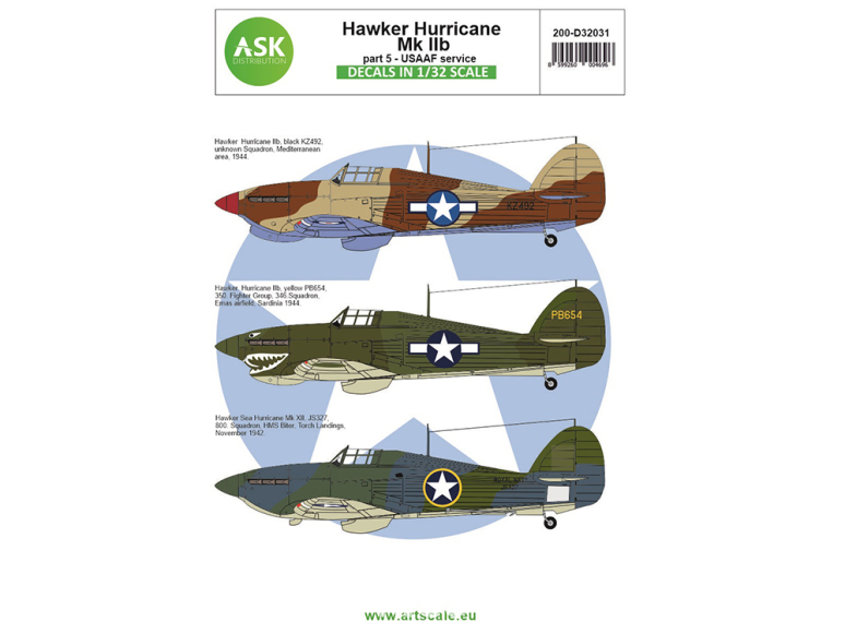 ASK Art Scale Kit Décalcomanies D32031 Hawker Hurricane Mk.IIb Partie 5 - USAAF Service 1/32