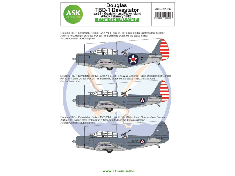 ASK Art Scale Kit Décalcomanies D32084 Douglas TBD-1 Devastator - Partie 2 - Kwajalein and Wake Island Attack February 1942 1/32