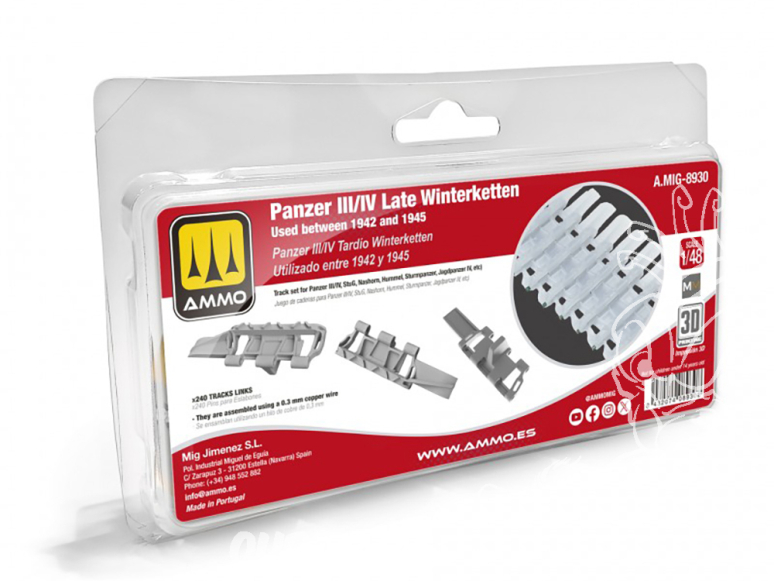Ammo Mig 8930 Set chenilles Panzer III/IV Late Winterketten utilisé entre 1942 et 1945 3D 1/48