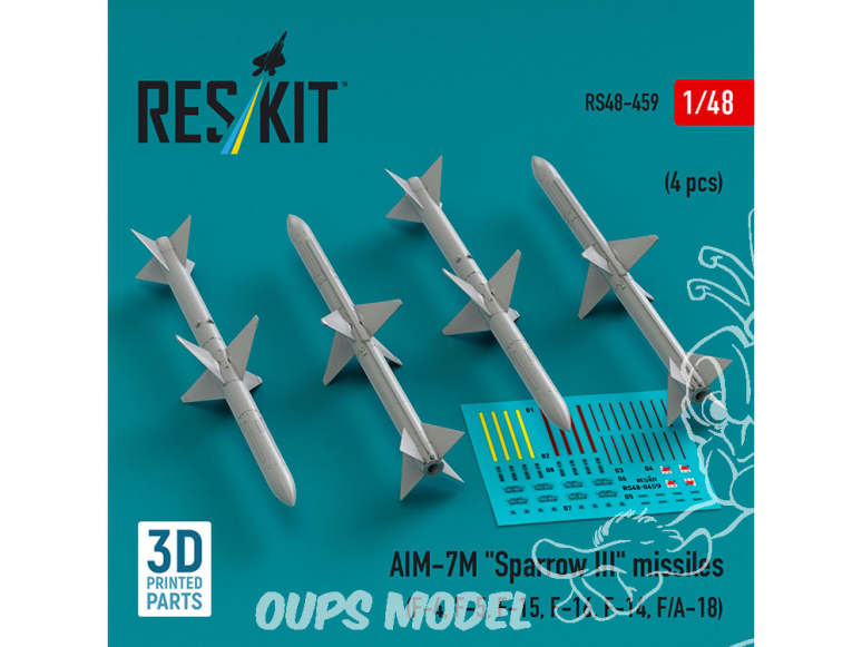 ResKit kit armement Avion RS48-0459 Missiles AIM-7M « SPARROW III » 4 pièces imprimées en 3D 1/48