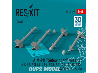 ResKit kit armement Avion RS48-0477 Missiles AIM-9B «&nbsp;SIDEWINDER&nbsp;» 4 pièces imprimées en 3D 1/48