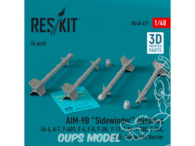ResKit kit armement Avion RS48-0477 Missiles AIM-9B «&nbsp;SIDEWINDER&nbsp;» 4 pièces imprimées en 3D 1/48