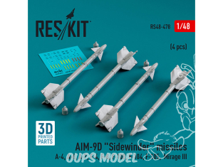 ResKit kit armement Avion RS48-0478 Missiles AIM-9D «&nbsp;SIDEWINDER&nbsp;» 4 pièces imprimés en 3D 1/48