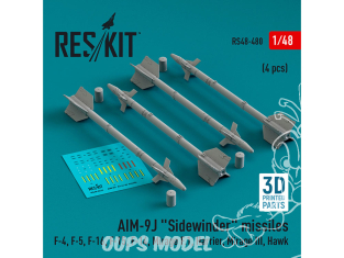 ResKit kit armement Avion RS48-0480 Missiles AIM-9J «&nbsp;SIDEWINDER&nbsp;» 4 pièces imprimées en 3D 1/48