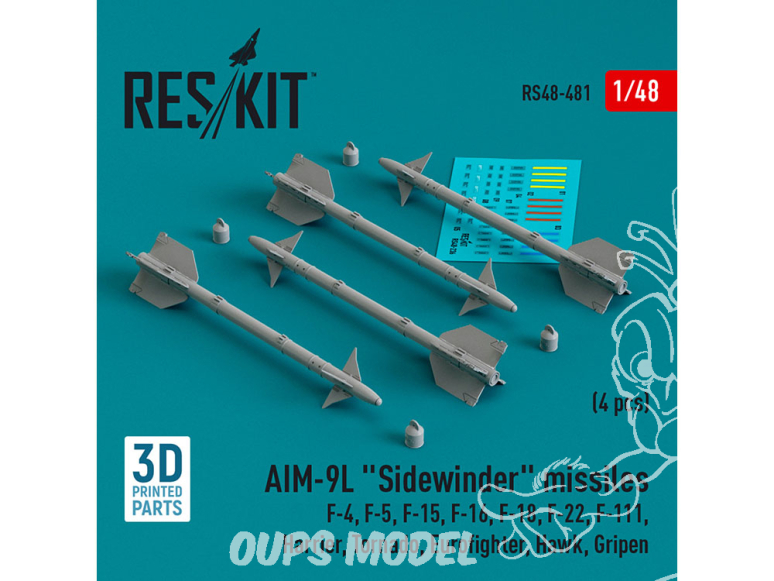 ResKit kit armement Avion RS48-0481 Missiles AIM-9L « SIDEWINDER » 4 pièces imprimés en 3D 1/48