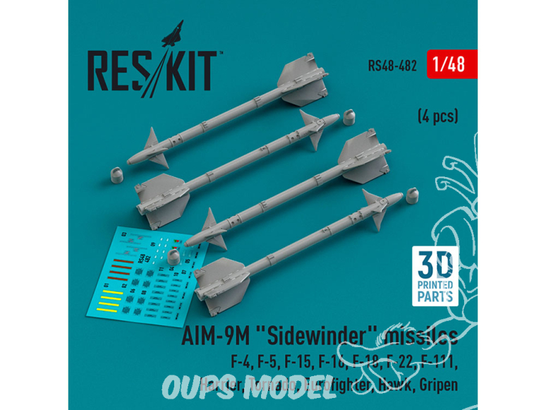 ResKit kit armement Avion RS48-0482 Missiles AIM-9M «&nbsp;SIDEWINDER&nbsp;» 4 pièces imprimés en 3D 1/48