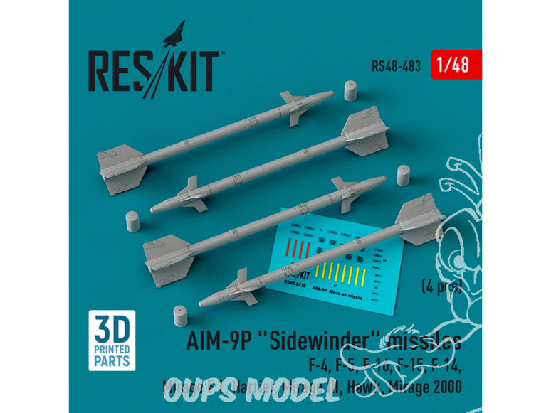 ResKit kit armement Avion RS48-0483 Missiles AIM-9P «&nbsp;SIDEWINDER&nbsp;» 4 pièces imprimées en 3D 1/48