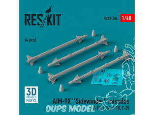 ResKit kit armement Avion RS48-0484 Missiles AIM-9X «&nbsp;SIDEWINDER&nbsp;» 4 pièces imprimés en 3D 1/48