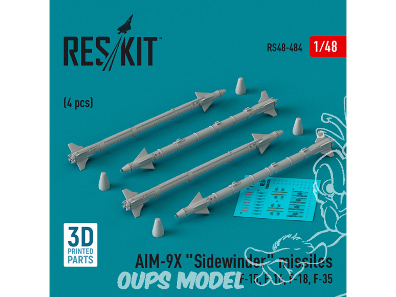 ResKit kit armement Avion RS48-0484 Missiles AIM-9X «&nbsp;SIDEWINDER&nbsp;» 4 pièces imprimés en 3D 1/48
