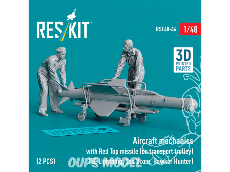 ResKit Figurine RSF48-0044 Mécanique d'avion avec missile Red Top sur chariot de transport 2 pièces imprimées en 3D 1/48
