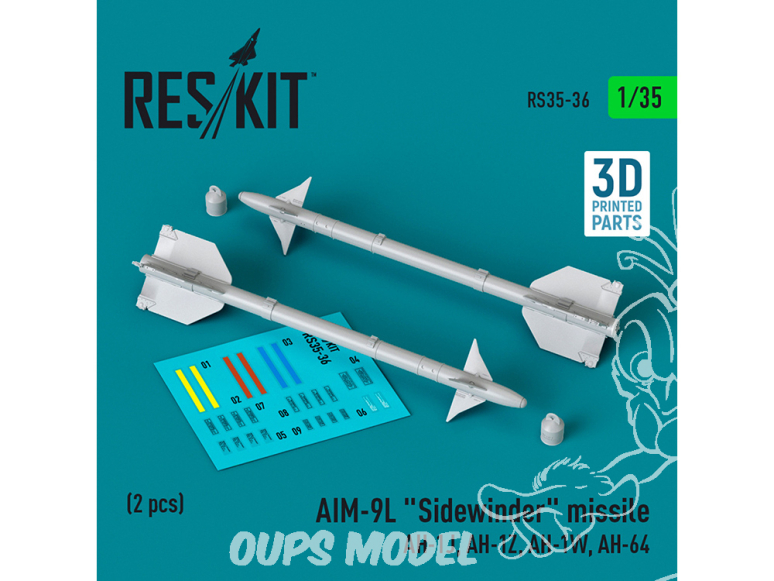 ResKit kit armement Avion RS35-0036 Missiles AIM-9L «&nbsp;SIDEWINDER&nbsp;» 4 pièces imprimés en 3D 1/35