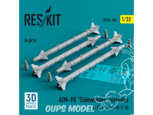 ResKit kit armement Avion RS32-0484 Missiles AIM-9X «&nbsp;SIDEWINDER&nbsp;» 4 pièces imprimés en 3D 1/32