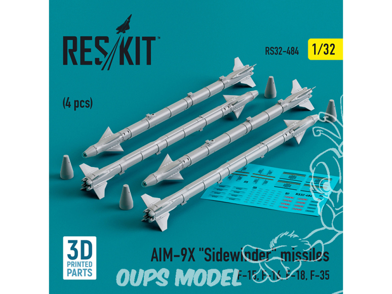 ResKit kit armement Avion RS32-0484 Missiles AIM-9X «&nbsp;SIDEWINDER&nbsp;» 4 pièces imprimés en 3D 1/32