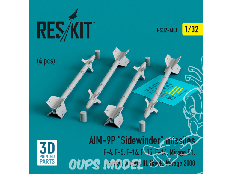 ResKit kit armement Avion RS32-0483 Missiles AIM-9P «&nbsp;SIDEWINDER&nbsp;» 4 pièces imprimées en 3D 1/32