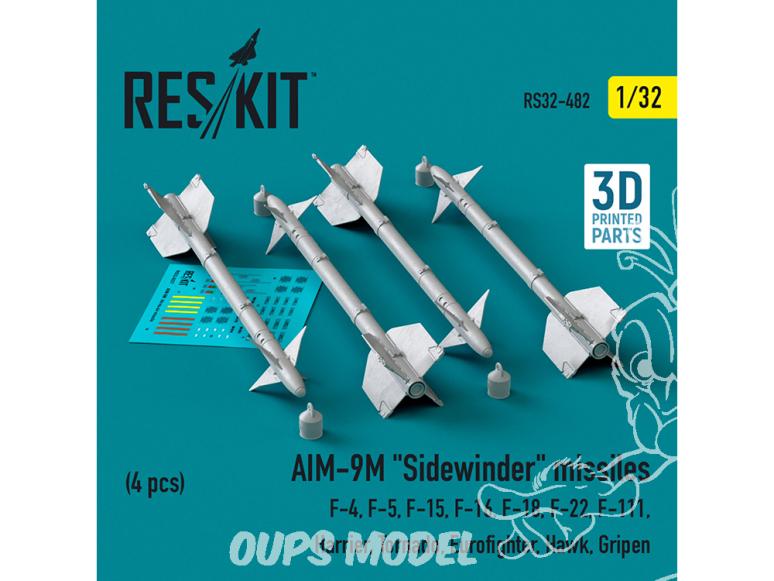 ResKit kit armement Avion RS32-0482 Missiles AIM-9M «&nbsp;SIDEWINDER&nbsp;» 4 pièces imprimés en 3D 1/32