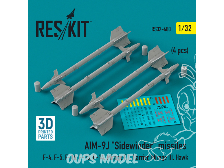 ResKit kit armement Avion RS32-0480 Missiles AIM-9J «&nbsp;SIDEWINDER&nbsp;» 4 pièces imprimées en 3D 1/32