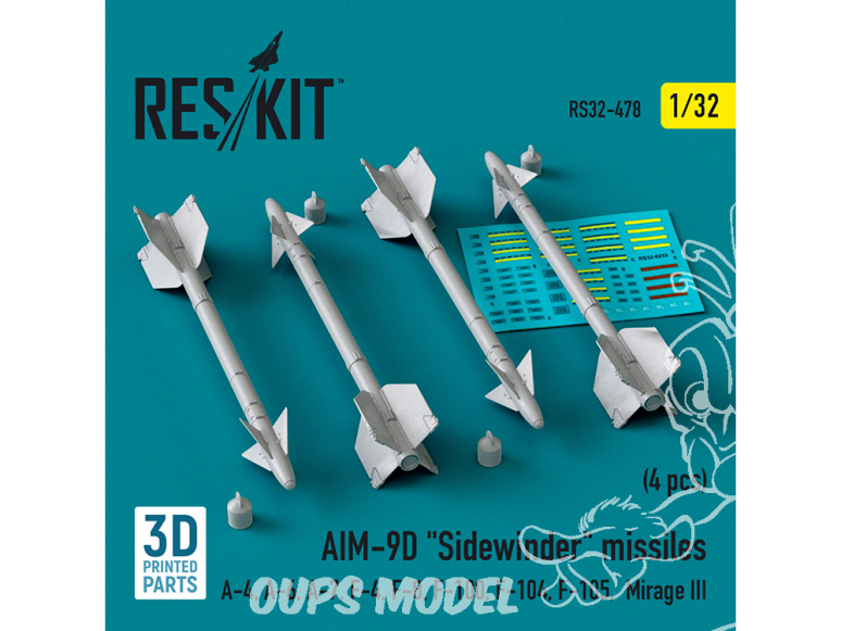 ResKit kit armement Avion RS32-0478 Missiles AIM-9D «&nbsp;SIDEWINDER&nbsp;» 4 pièces imprimés en 3D 1/32
