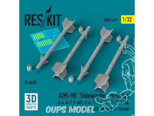 ResKit kit armement Avion RS32-0477 Missiles AIM-9B «&nbsp;SIDEWINDER&nbsp;» 4 pièces imprimées en 3D 1/32