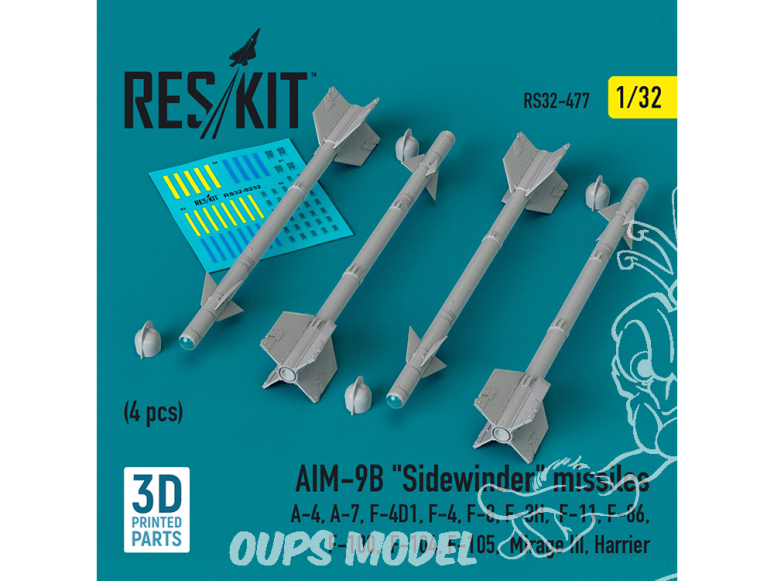 ResKit kit armement Avion RS32-0477 Missiles AIM-9B «&nbsp;SIDEWINDER&nbsp;» 4 pièces imprimées en 3D 1/32