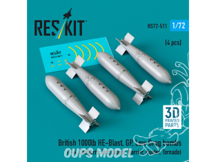 ResKit kit armement Avion RS72-0511 Bombes britanniques HE-Blast de 1000&nbsp;lb GP à faible traînée 4 pièces imprimées en 3D 1/72