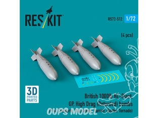 ResKit kit armement Avion RS72-0512 Bombes britanniques HE-Blast de 1&nbsp;000&nbsp;lb, GP, à traînée élevée, 4 pièces 3D 1/72