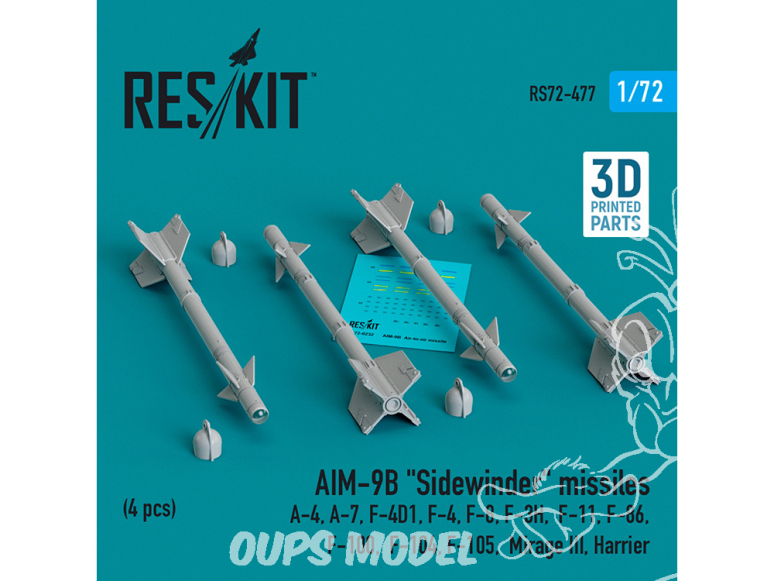 ResKit kit armement Avion RS72-0477 Missiles AIM-9B «&nbsp;SIDEWINDER&nbsp;» 4 pièces imprimées en 3D 1/72