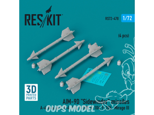 ResKit kit armement Avion RS72-0478 Missiles AIM-9D «&nbsp;SIDEWINDER&nbsp;» 4 pièces imprimés en 3D 1/72
