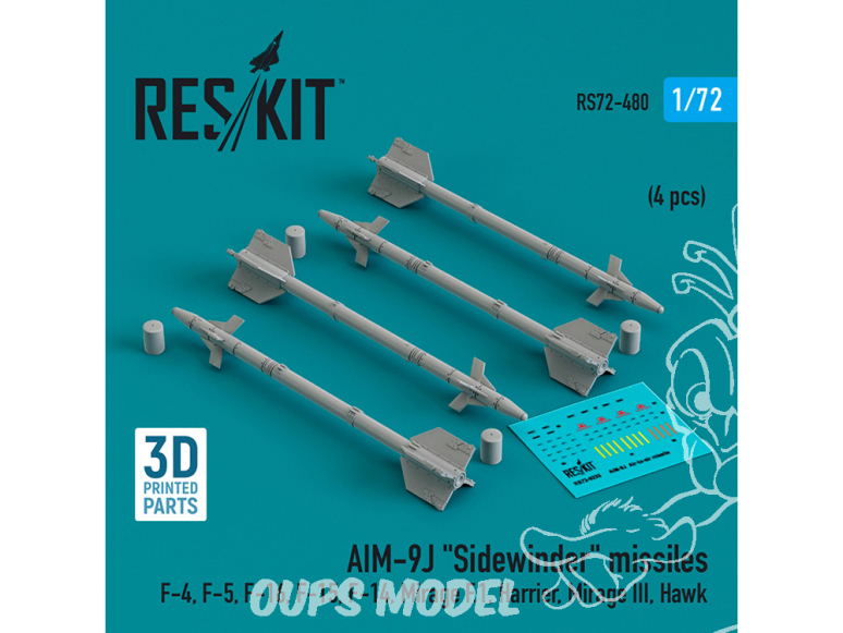 ResKit kit armement Avion RS72-0480 Missiles AIM-9J «&nbsp;SIDEWINDER&nbsp;» 4 pièces imprimées en 3D 1/72