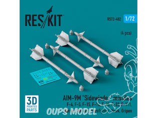 ResKit kit armement Avion RS72-0482 Missiles AIM-9M «&nbsp;SIDEWINDER&nbsp;» 4 pièces imprimés en 3D 1/72