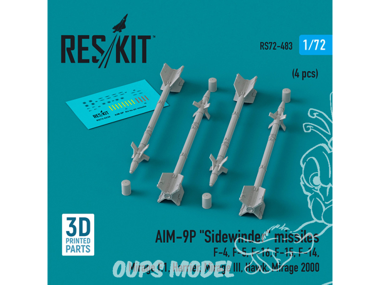 ResKit kit armement Avion RS72-0483 Missiles AIM-9P «&nbsp;SIDEWINDER&nbsp;» 4 pièces imprimées en 3D 1/72