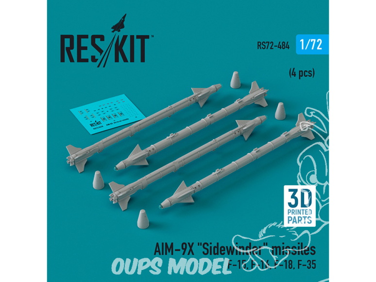ResKit kit armement Avion RS72-0484 Missiles AIM-9X «&nbsp;SIDEWINDER&nbsp;» 4 pièces imprimés en 3D 1/72