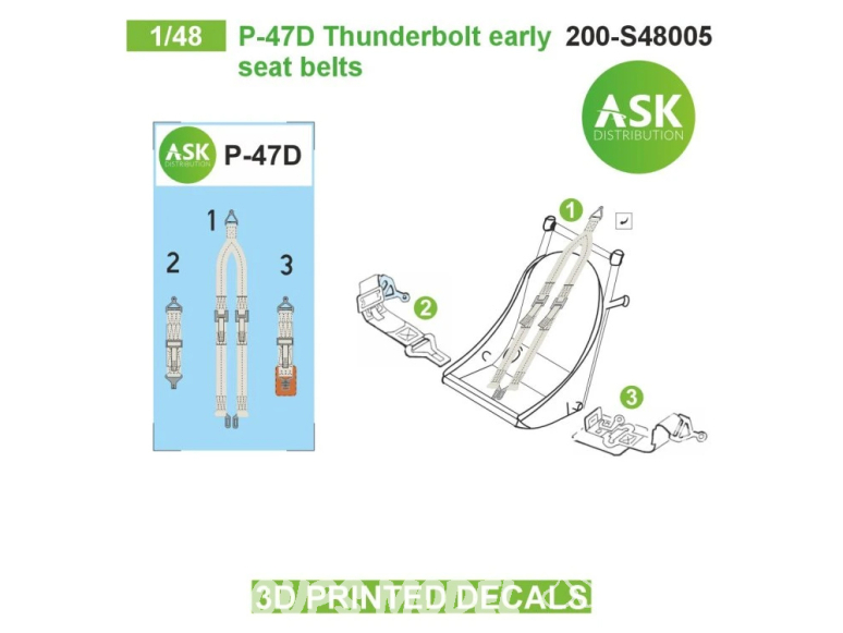 ASK Art Scale Kit Décalcomanies 3D S48005 Harnais 3D P-47D Thunderbolt Early 1/48