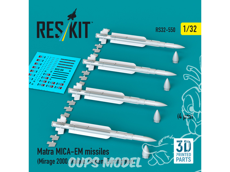 ResKit kit RS32-0550 Missiles Matra MICA-EM 4 pièces imprimés en 3D 1/32