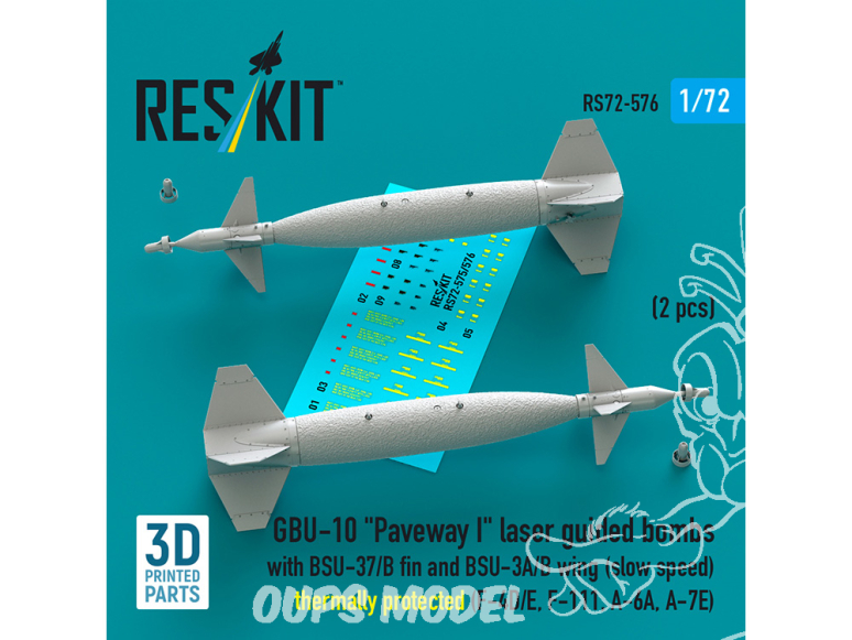 ResKit kit RS72-0576 Bombes guidées laser GBU-10 Paveway aileron BSU-37/B et BSU-3A/B faible vitesse protection thermique 1/72