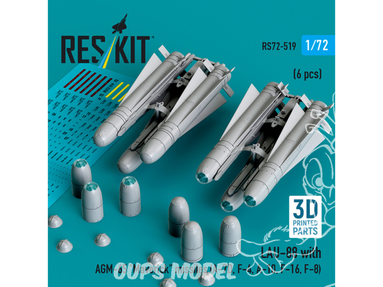 ResKit kit RS72-0519 LAU-88 avec 2 missiles AGM-65 « Maverick » 6 pièces imprimées en 3D 1/72